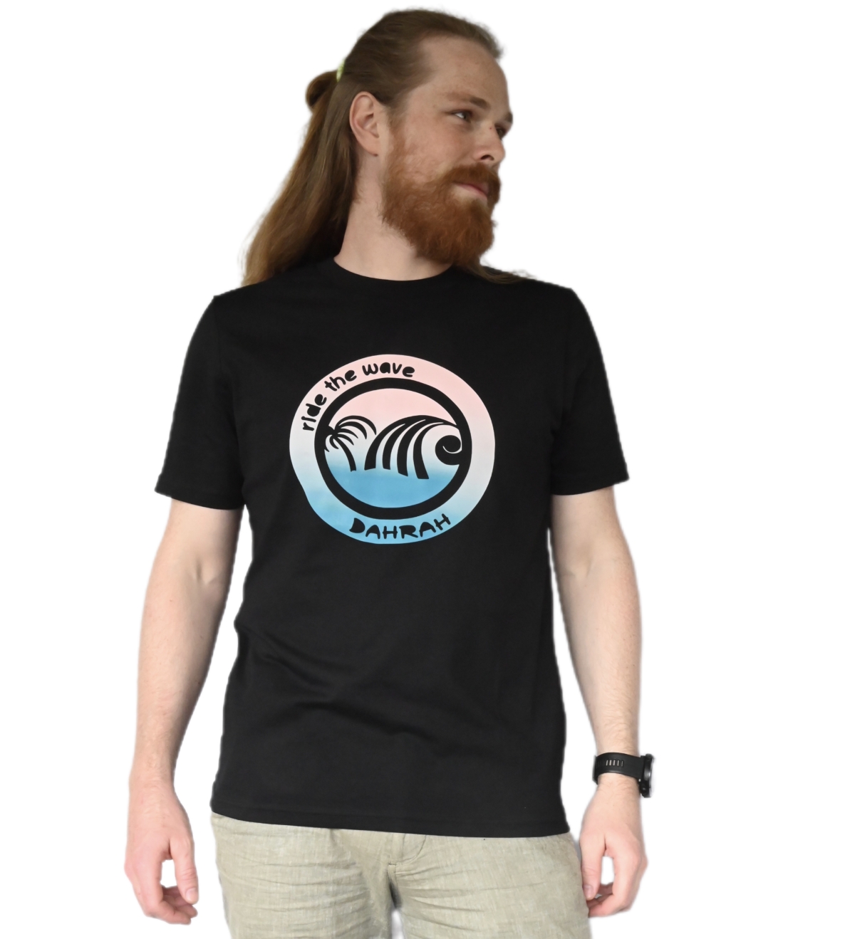 Dahrah Darah unisex organic cotton T-shirt with print of a blue wave and palm.