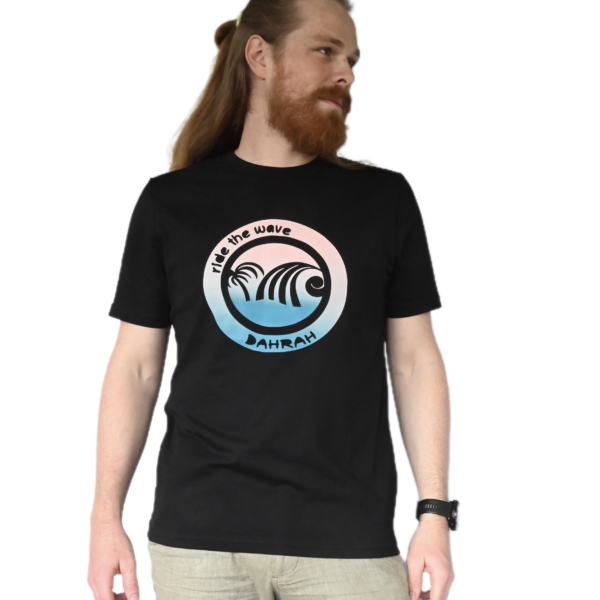 Dahrah Darah unisex organic cotton T-shirt with print of a blue wave and palm.