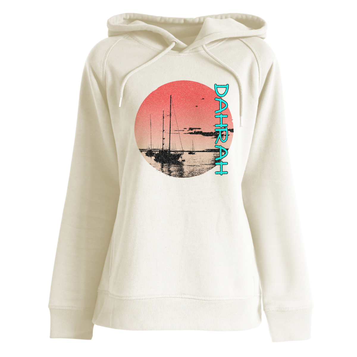 Dahrah Darah unisex organic hoodie with print of a sailboats at anchorage.