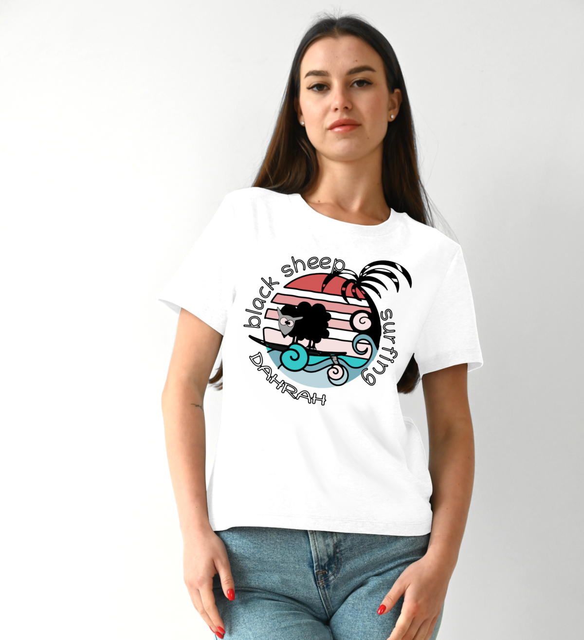 Organic cotton T-shirt with print of a black sheep surfing by Dahrah Darah.