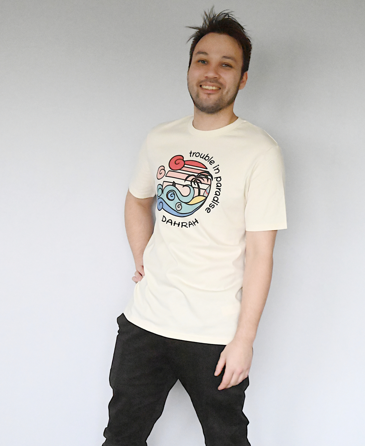 Organic cotton T-shirt with print of a surfing beach with a shark by Dahrah Darah.