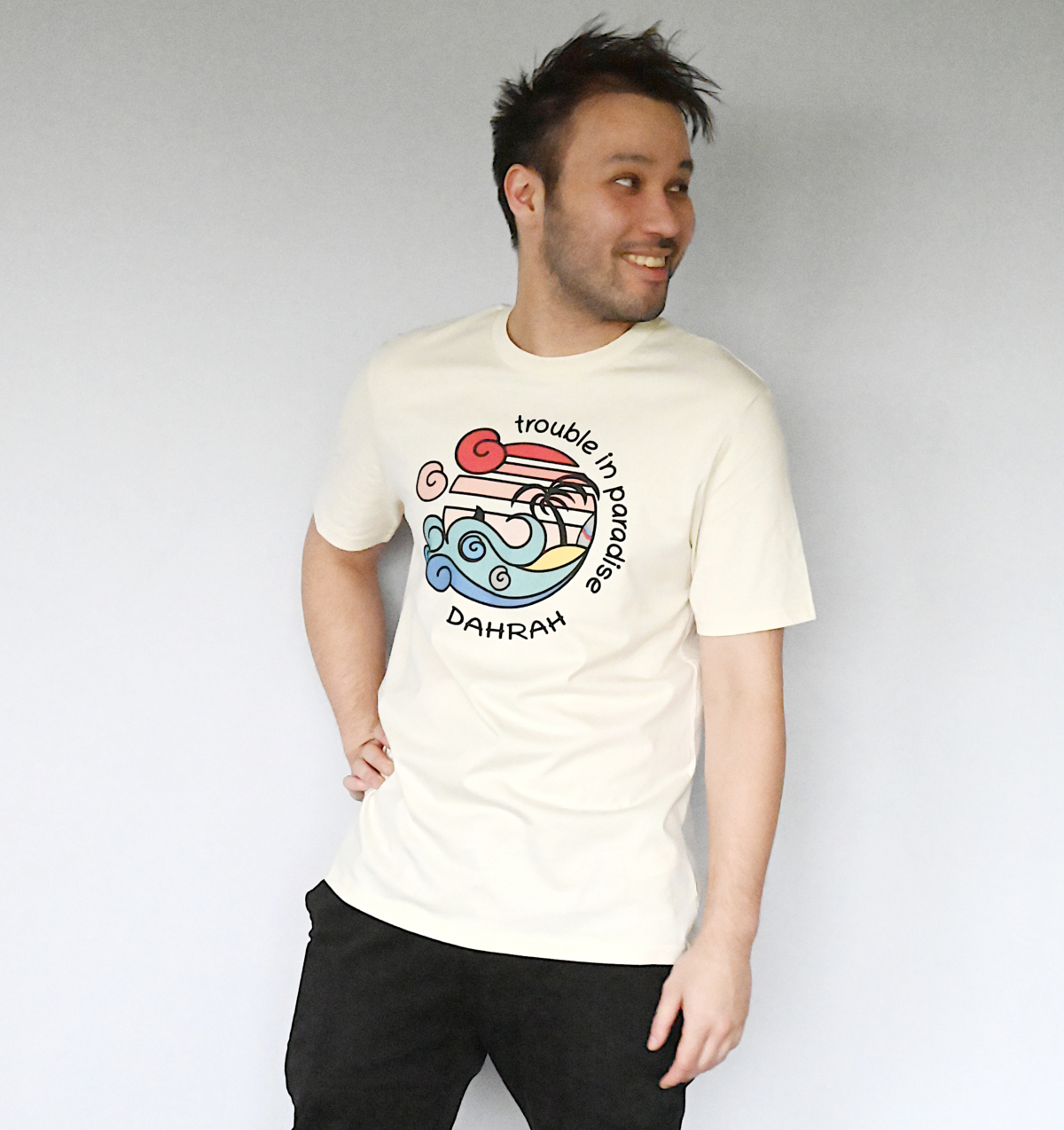 Organic cotton T-shirt with print of a surfing beach with a shark by Dahrah Darah.