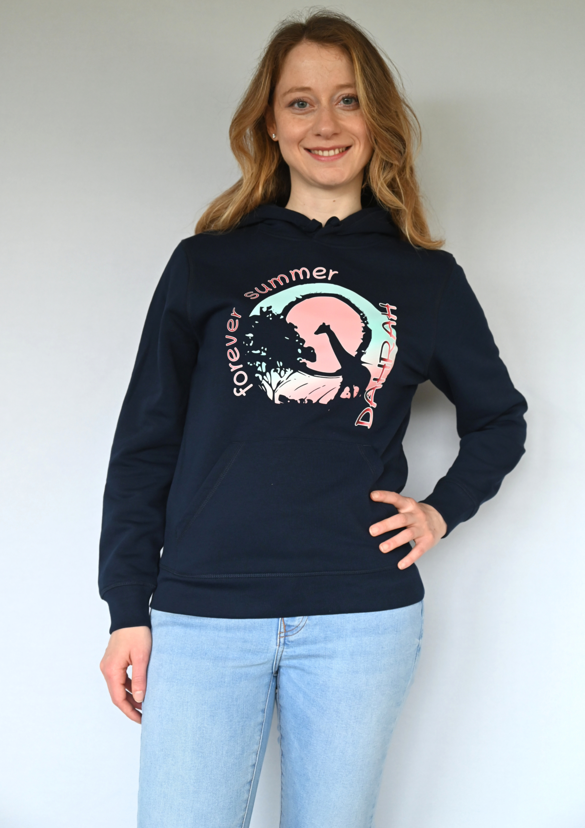 Organic hoodie with print of a giraffe and text forever summer by Dahrah Darah.