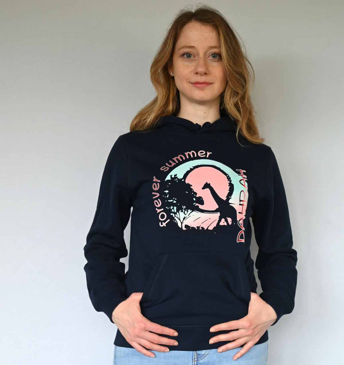 Organic hoodie with print of a giraffe and text forever summer by Dahrah Darah.