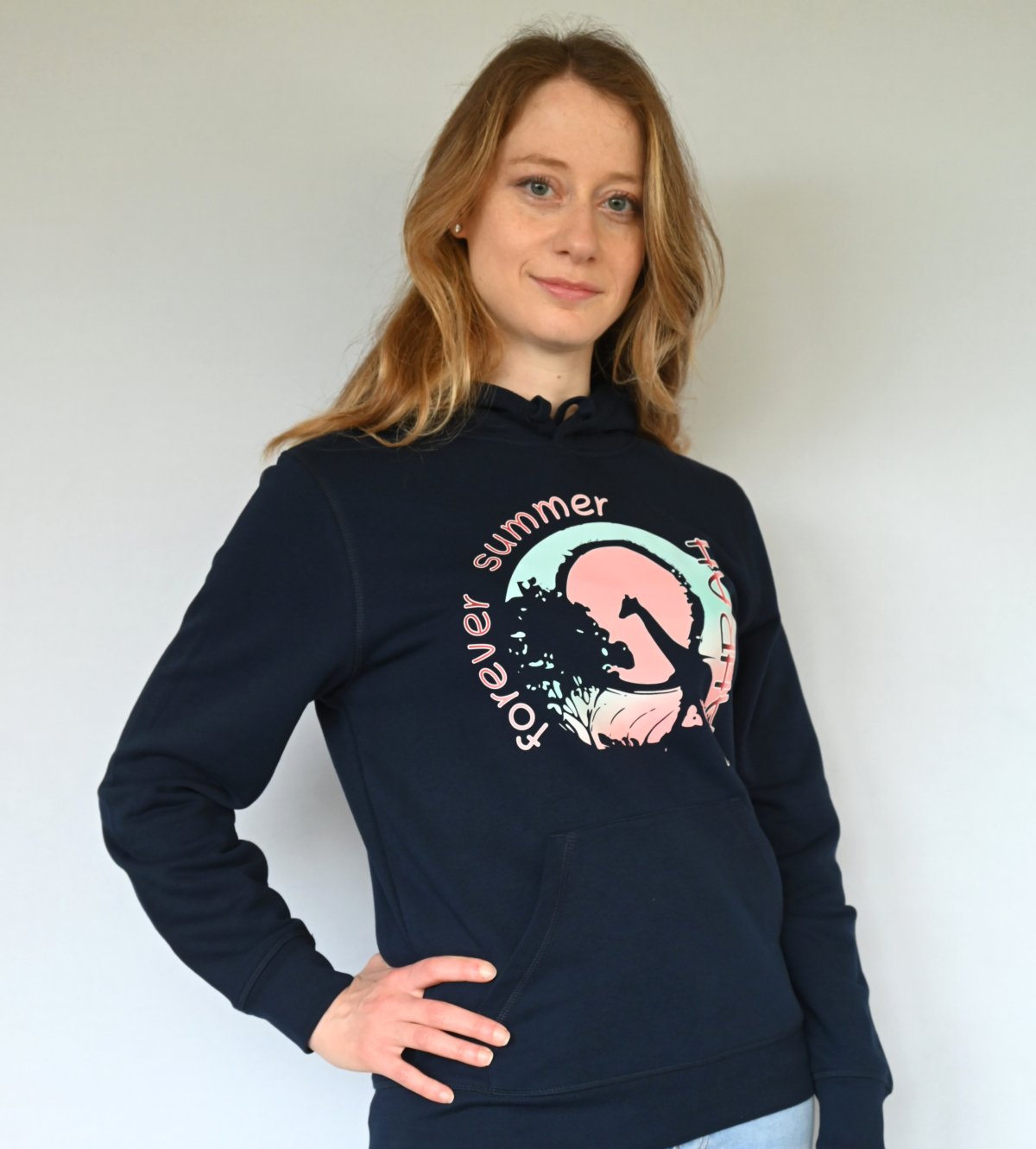 Organic hoodie with print of a giraffe and text forever summer by Dahrah Darah.