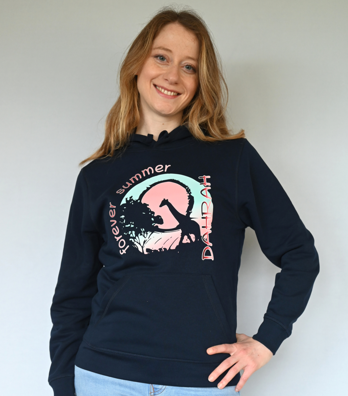 Organic hoodie with print of a giraffe and text forever summer by Dahrah Darah.