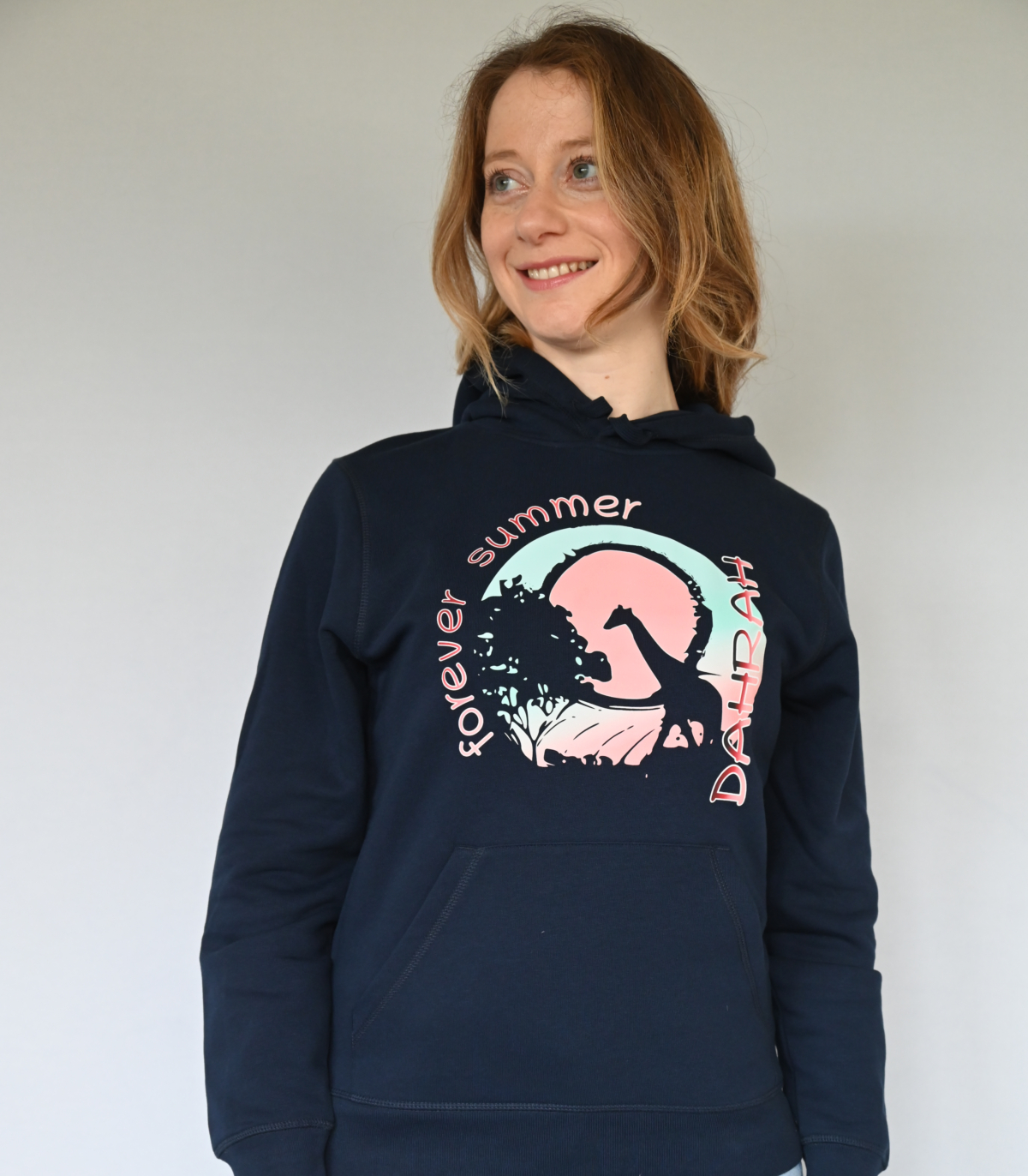 Organic hoodie with print of a giraffe and text forever summer by Dahrah Darah.