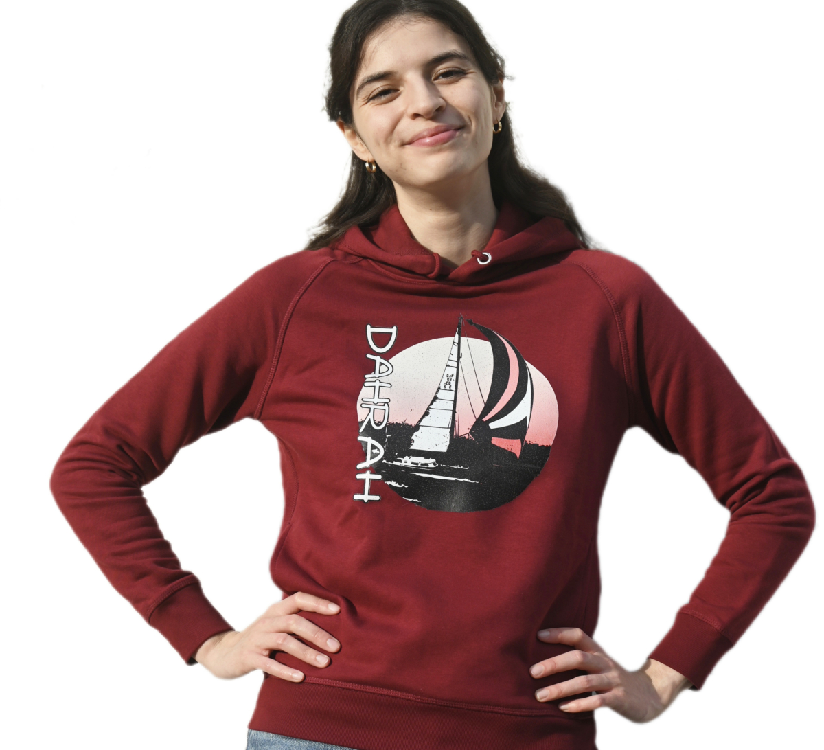 Beautiful high quality organic hoodie with print of a sailing boat designed by Dahrah Darah Fashion.