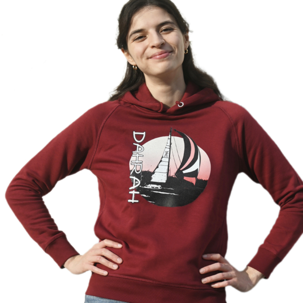 Beautiful high quality organic hoodie with print of a sailing boat designed by Dahrah Darah Fashion.