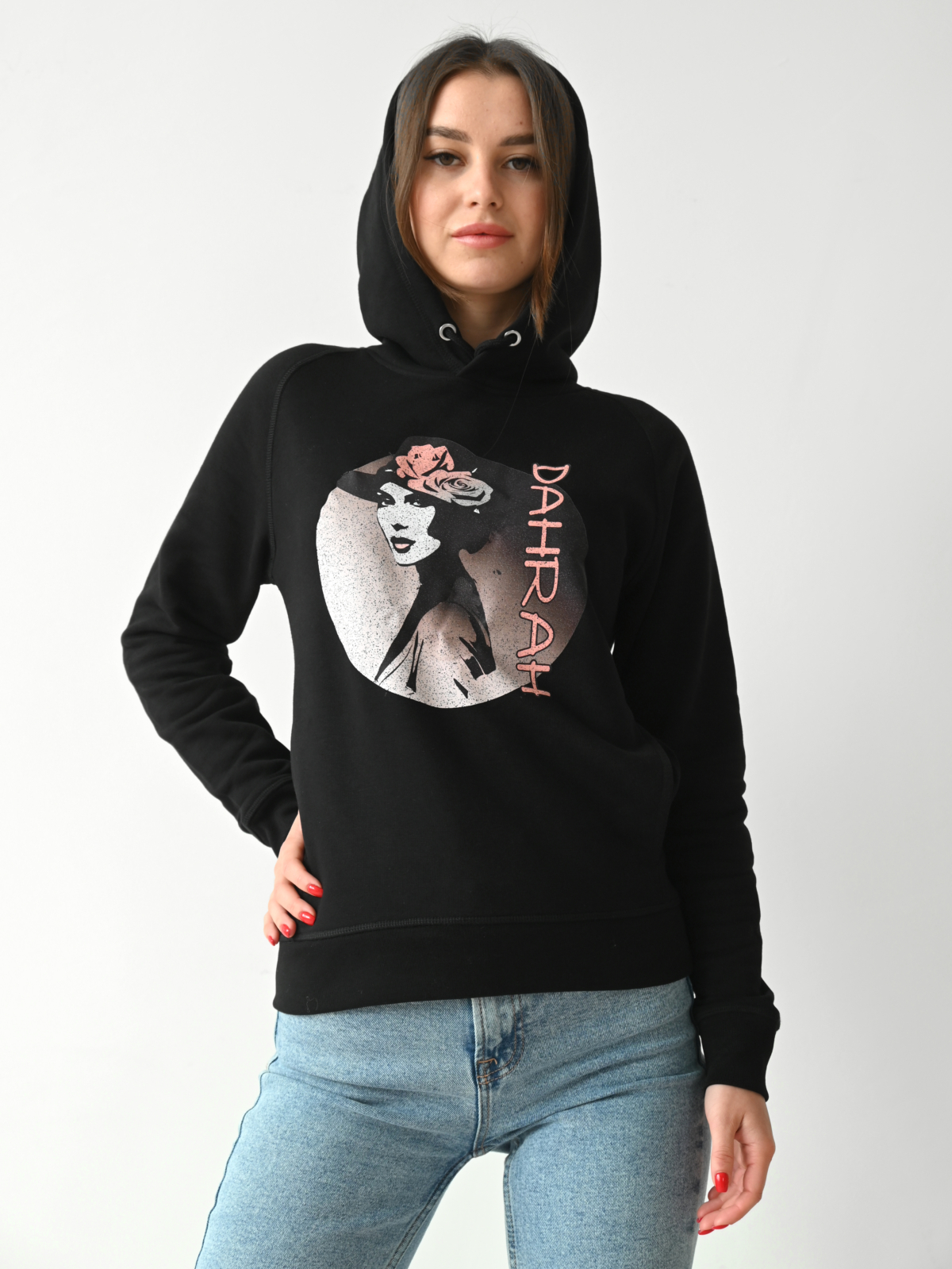 Beautiful high quality organic hoodie with print of a lady with rose.