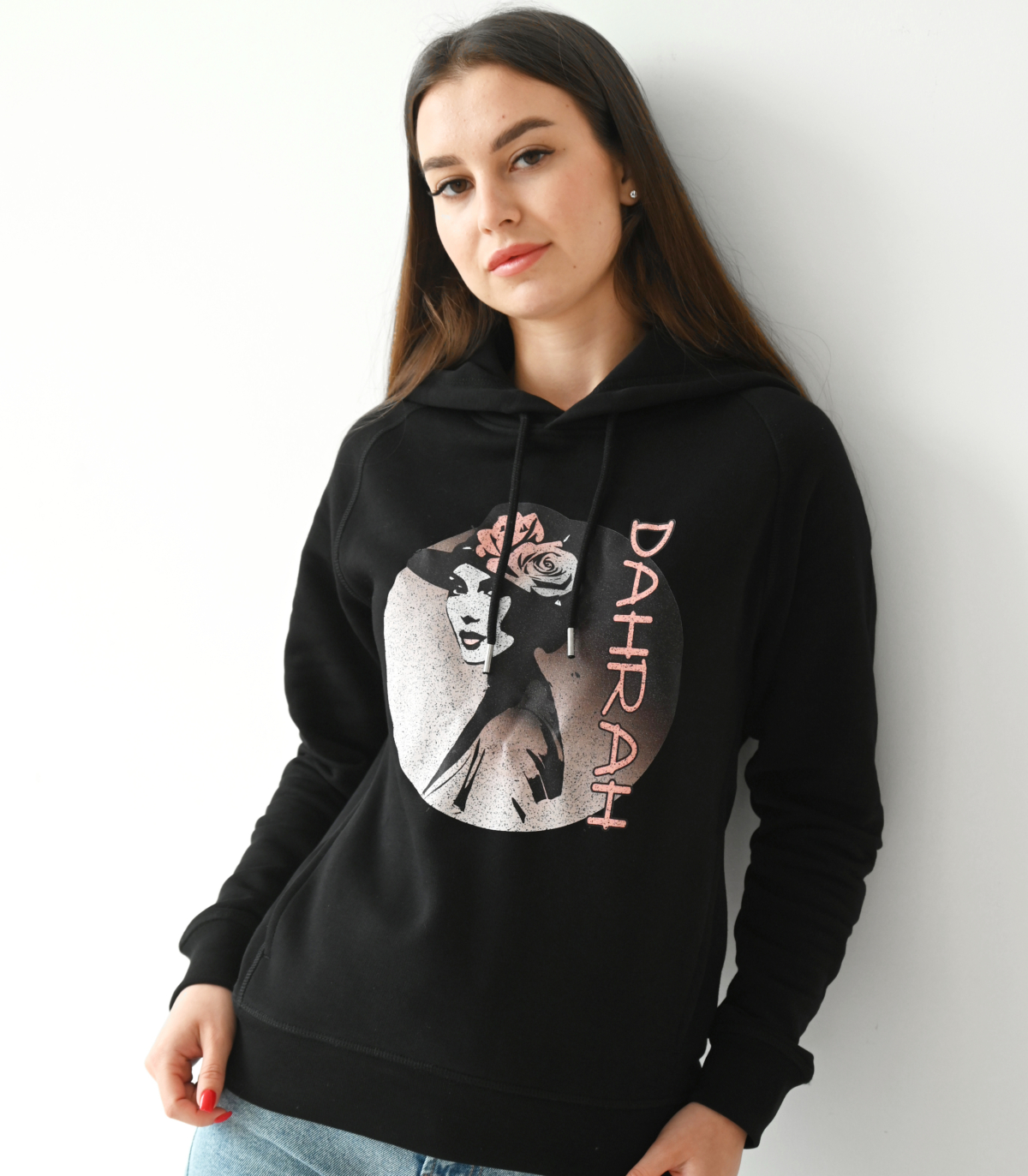 Beautiful high quality organic hoodie with print of a lady with rose.