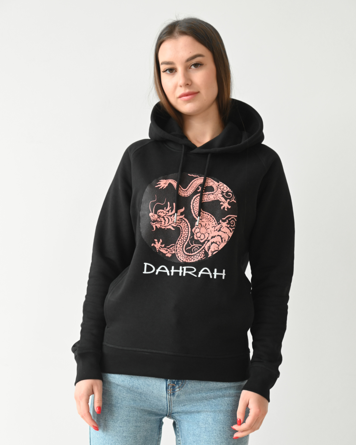 Beautiful high quality organic hoodie with print of a dragon.