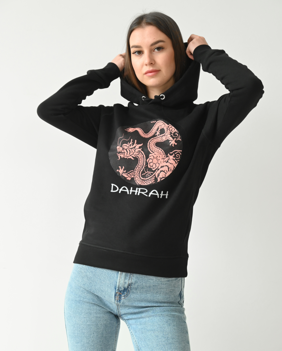 Beautiful high quality organic hoodie with print of a dragon.