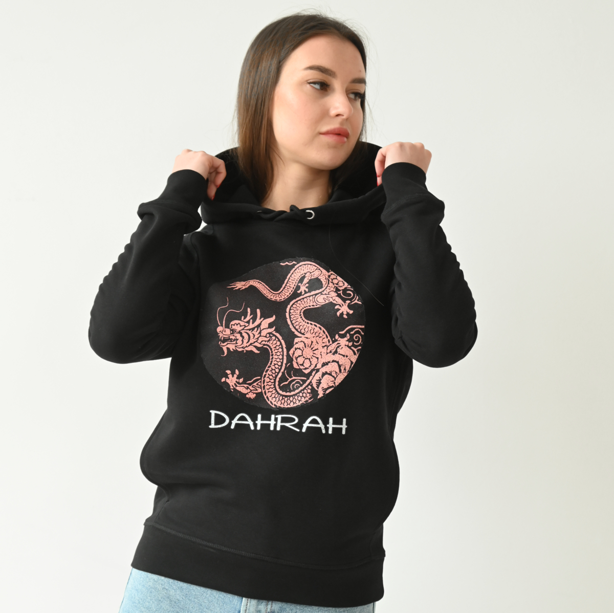 Beautiful high quality organic hoodie with print of a dragon.