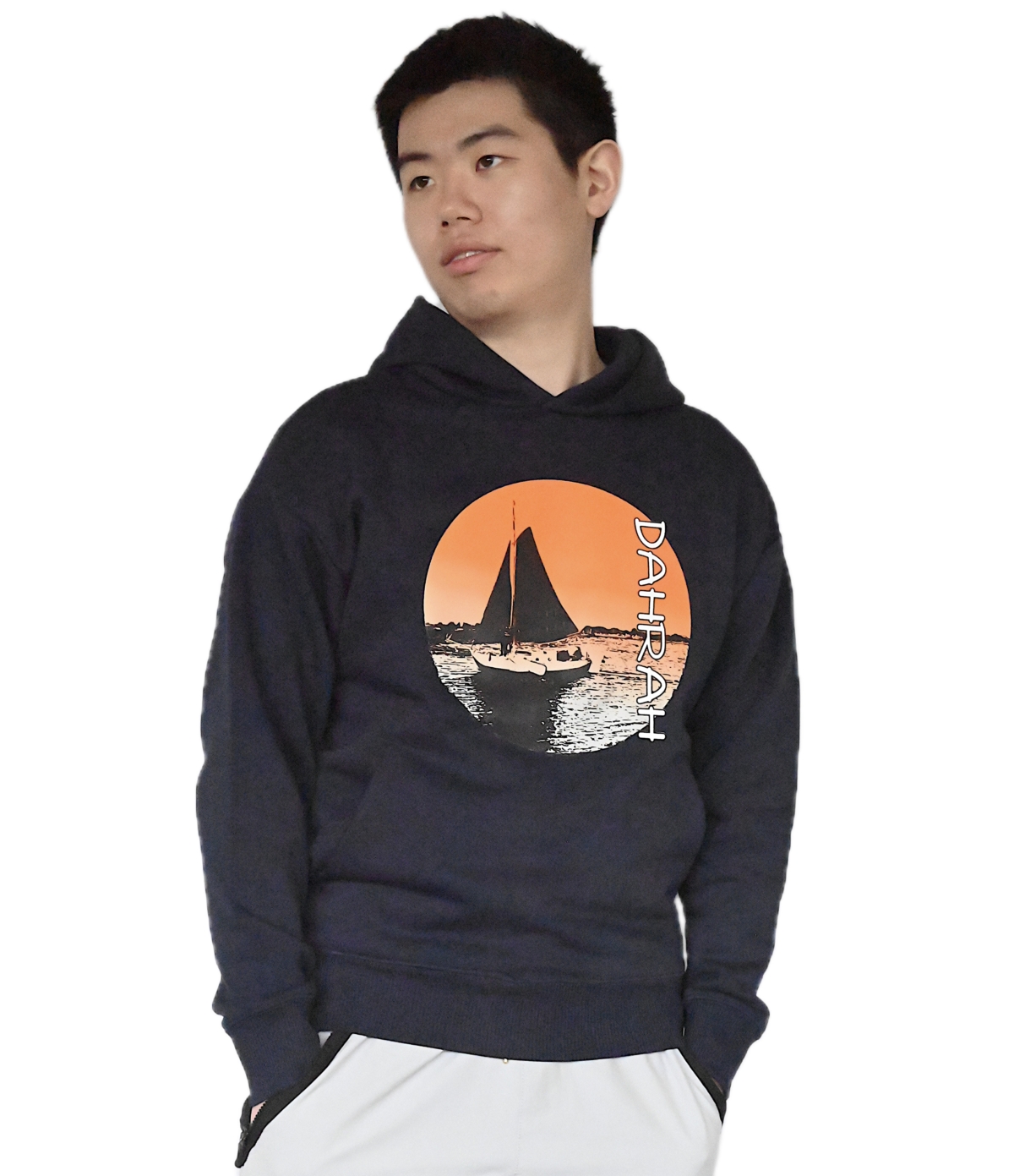 Comfortable oversized hoodie with print of a sailboat.