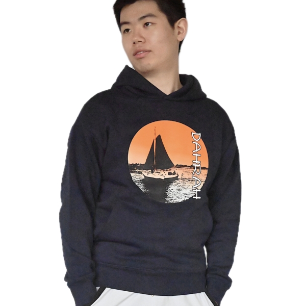 Comfortable oversized hoodie with print of a sailboat.