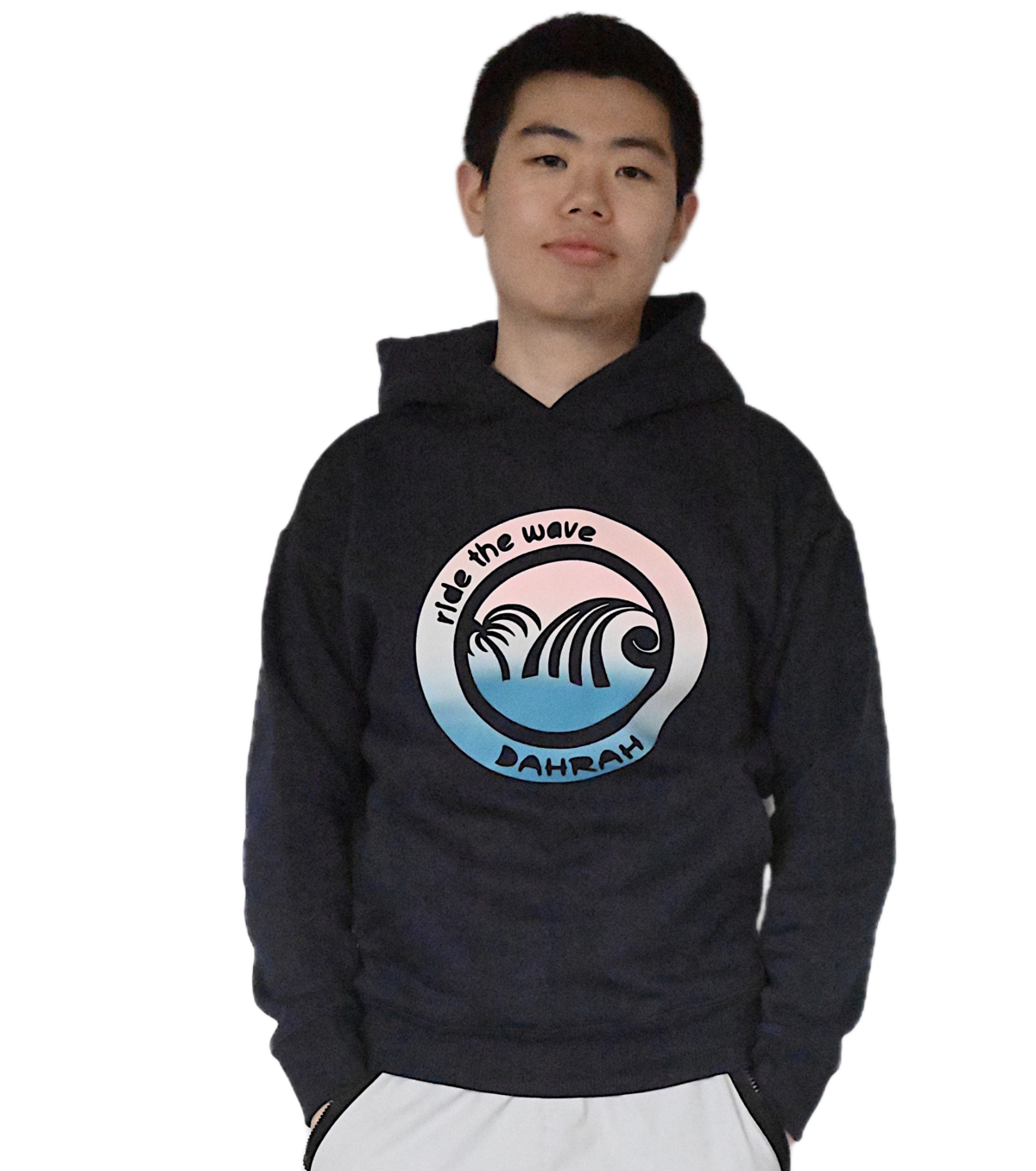 Oversized surfing hoodie with print of wave and palm.