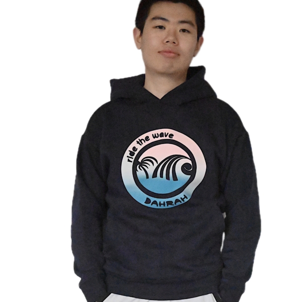 Oversized surfing hoodie with print of wave and palm.