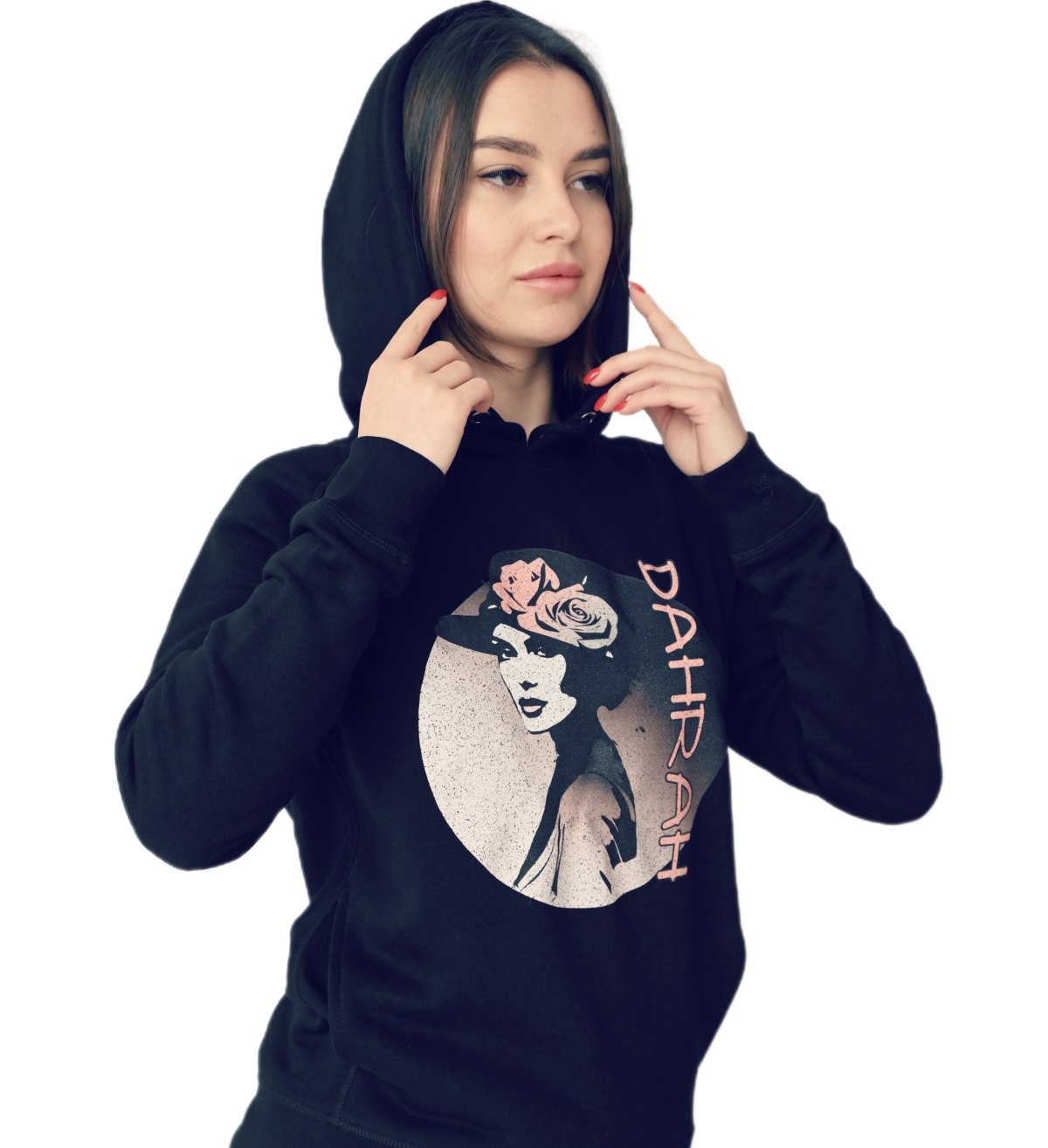 Beautiful high quality organic hoodie with print of a lady with rose.