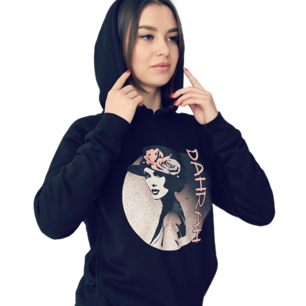 Beautiful high quality organic hoodie with print of a lady with rose.