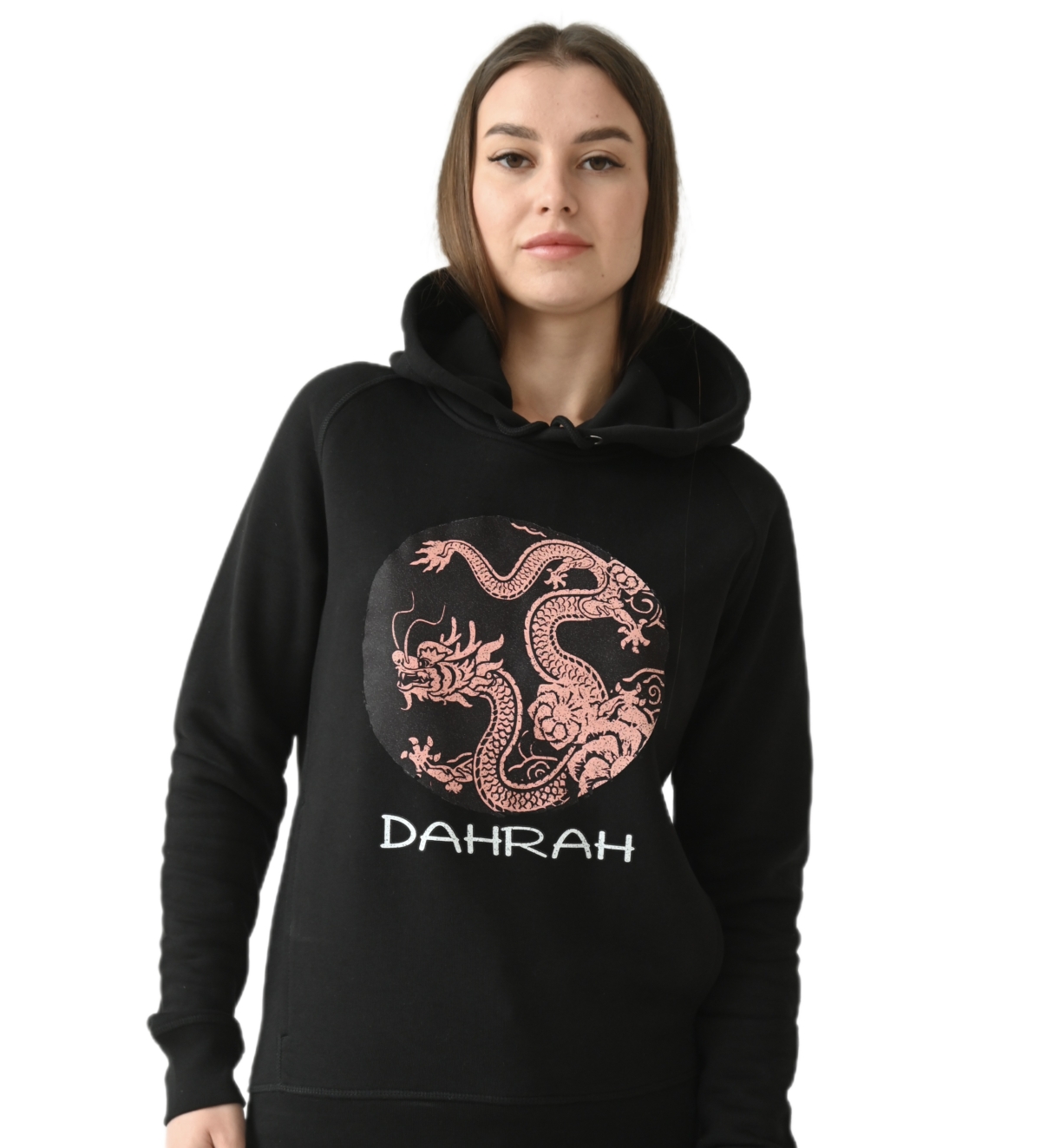 Beautiful high quality organic hoodie with print of a dragon.