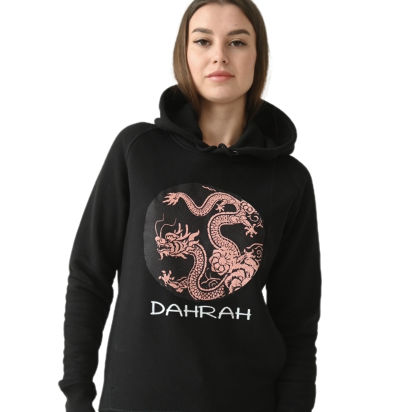 Beautiful high quality organic hoodie with print of a dragon.