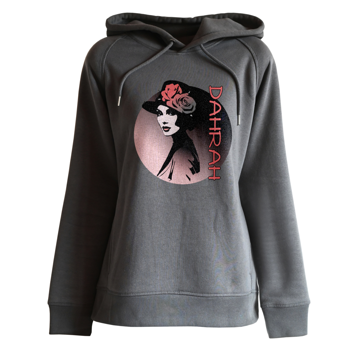 Beautiful high quality organic hoodie with print of a lady with rose.