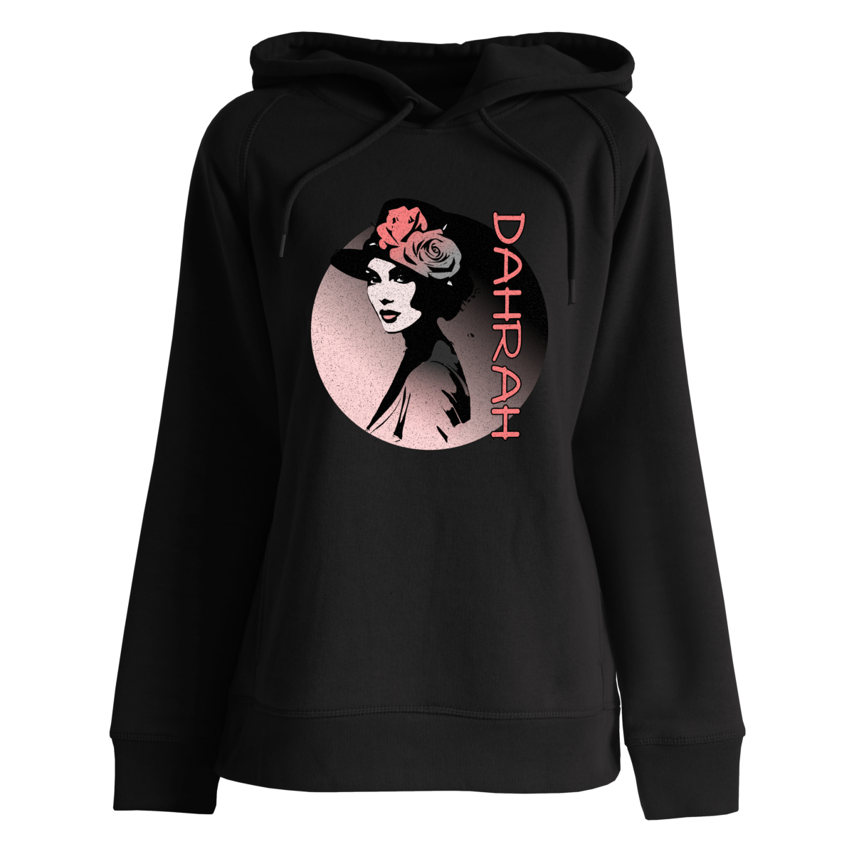 Beautiful high quality organic hoodie with print of a lady with rose.