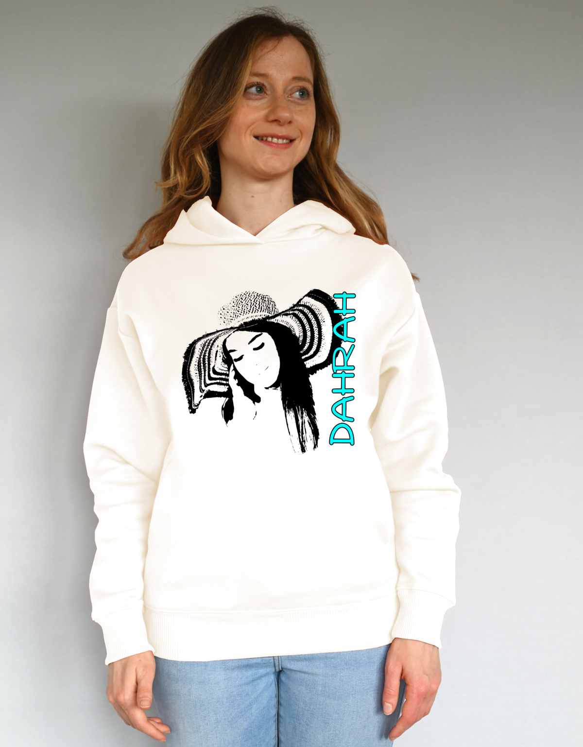 High quality oversized hoodie with print of a girl wearing a sombrero hat.