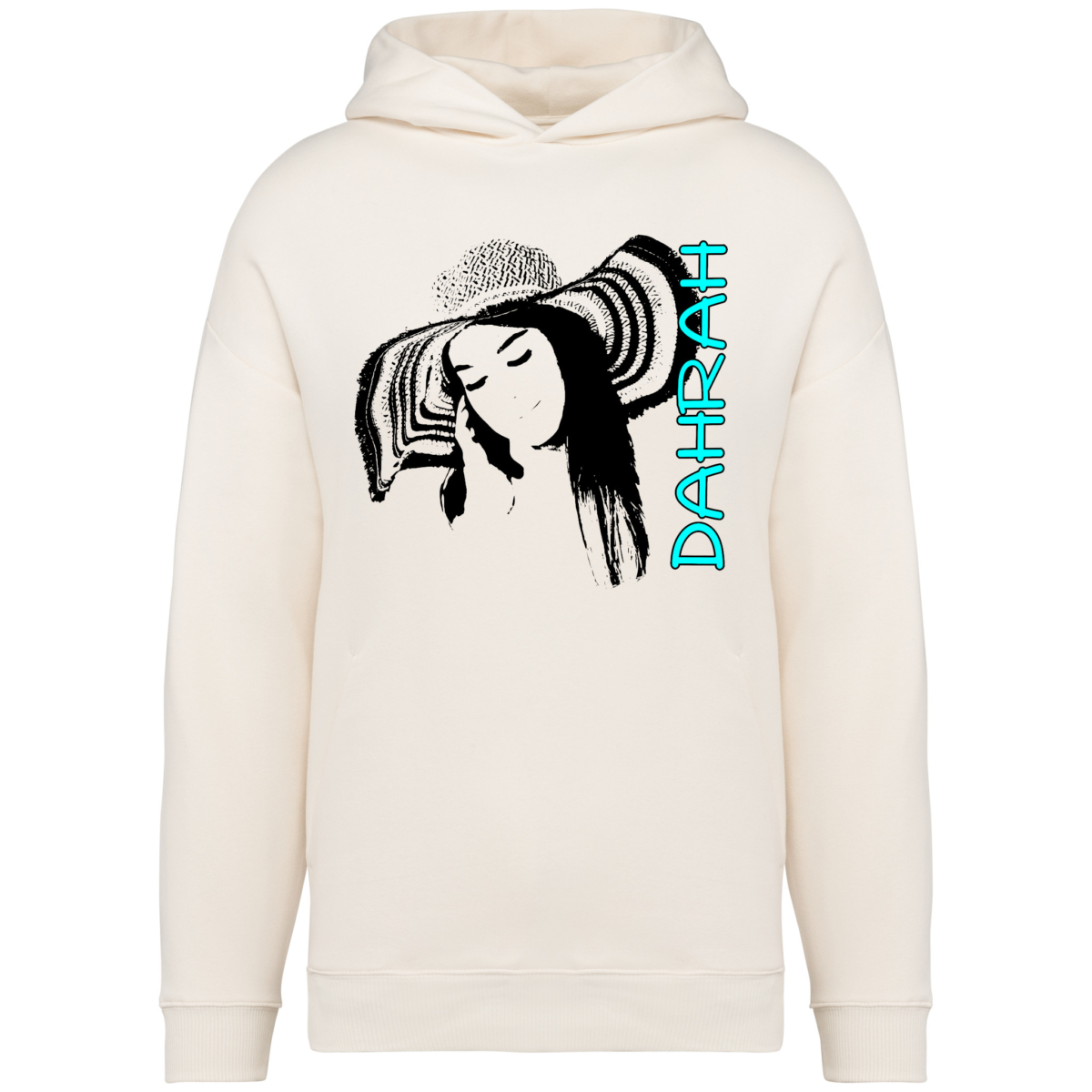 High quality oversized hoodie with print of a girl wearing a sombrero hat.