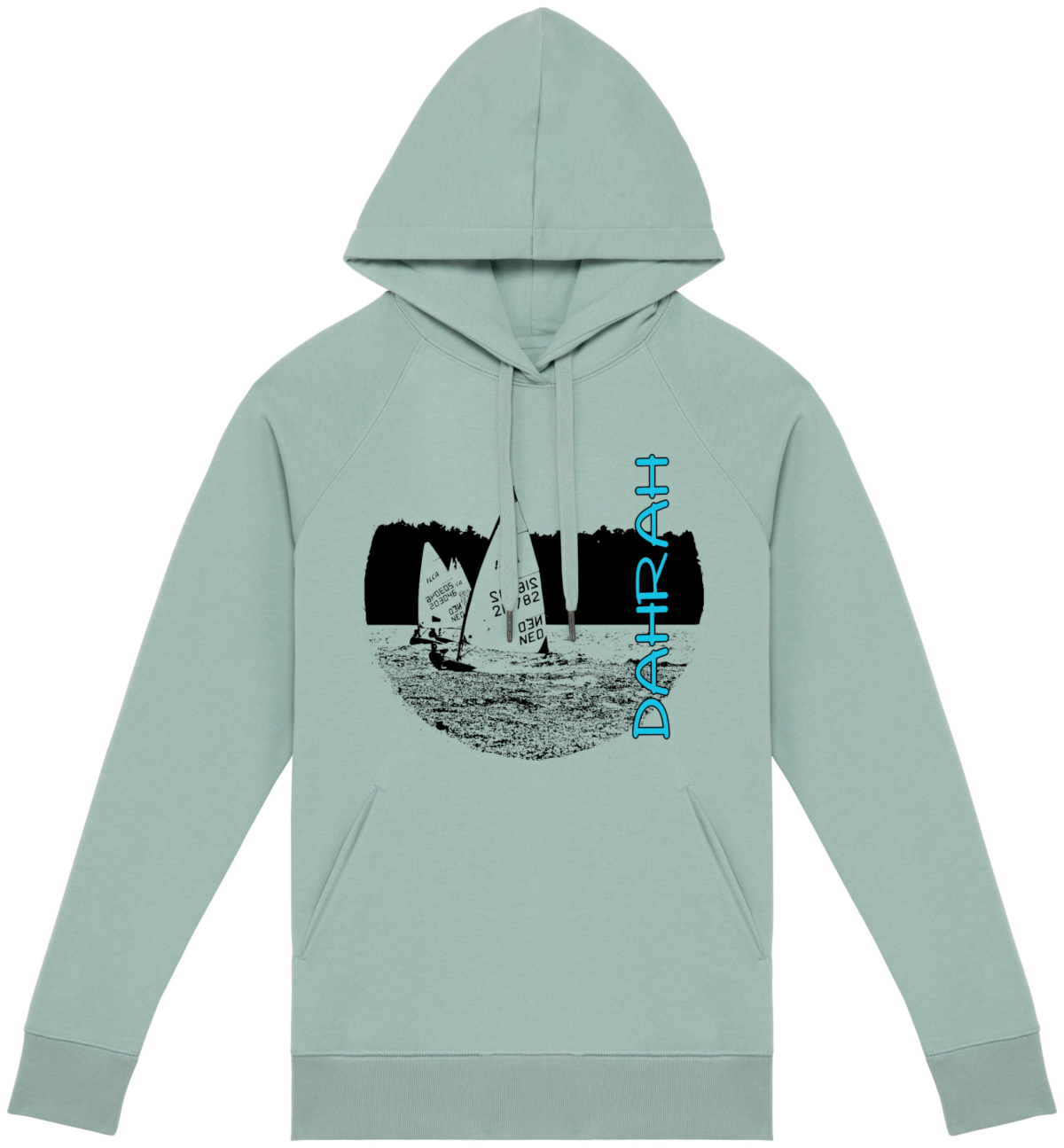 Beautiful high quality organic hoodie with print of a Laser sailboat regatta.