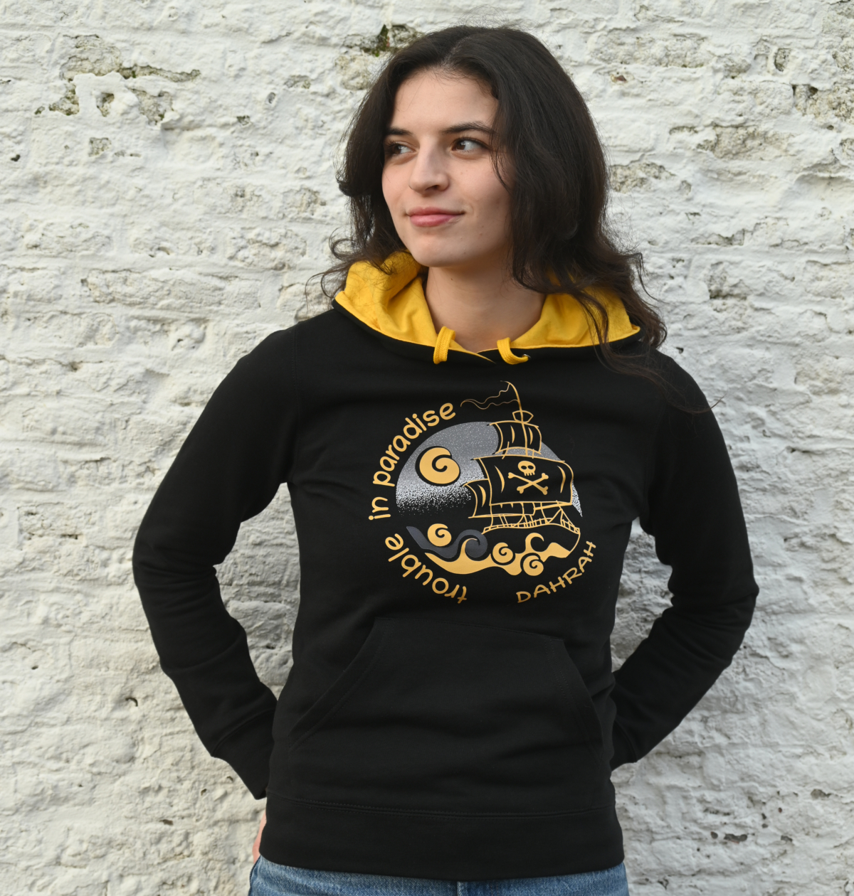 Beautiful high quality organic hoodie with print of a pirate ship.