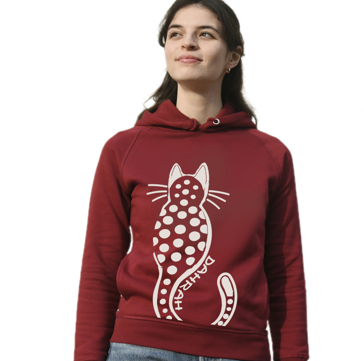 Beautiful high quality organic hoodie with print of a dotty cat.