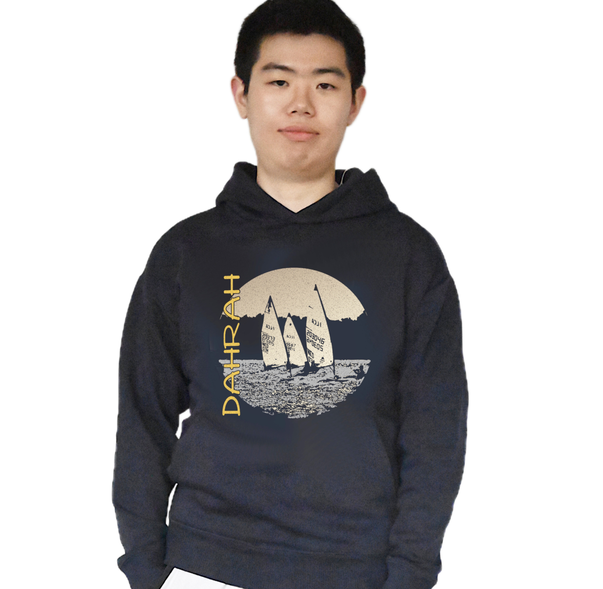 Beautiful high quality organic hoodie with print of three Laser sailboats.