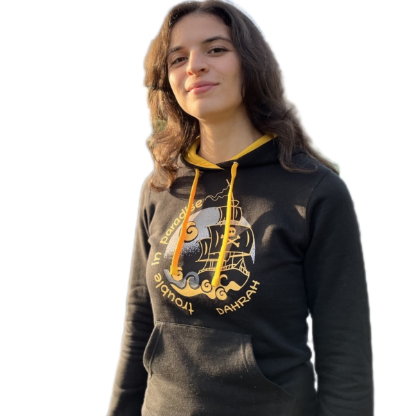 Beautiful high quality organic hoodie with print of a pirate ship.