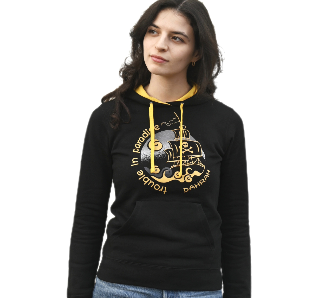 Beautiful high quality organic hoodie with print of a pirate ship.