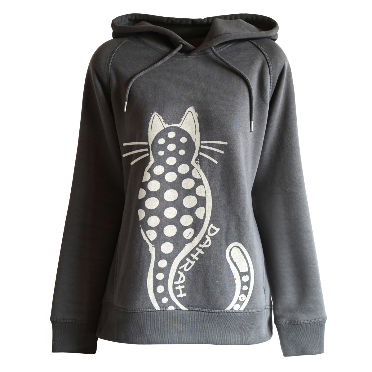 Beautiful high quality organic hoodie with print of a dotty cat.