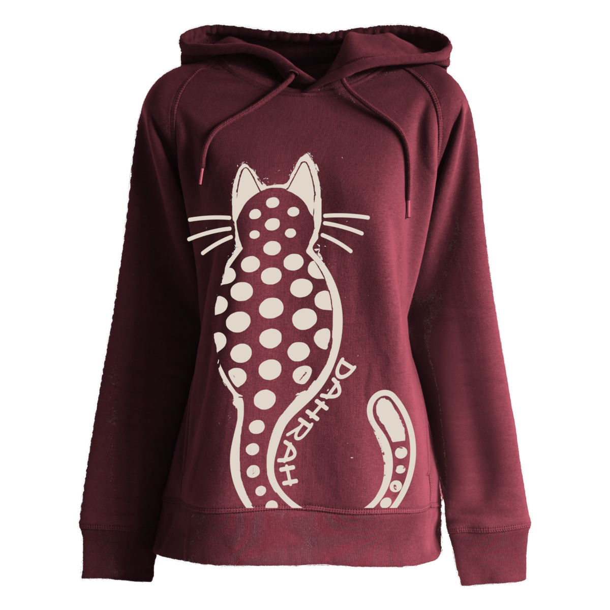 Beautiful high quality organic hoodie with print of a dotty cat.