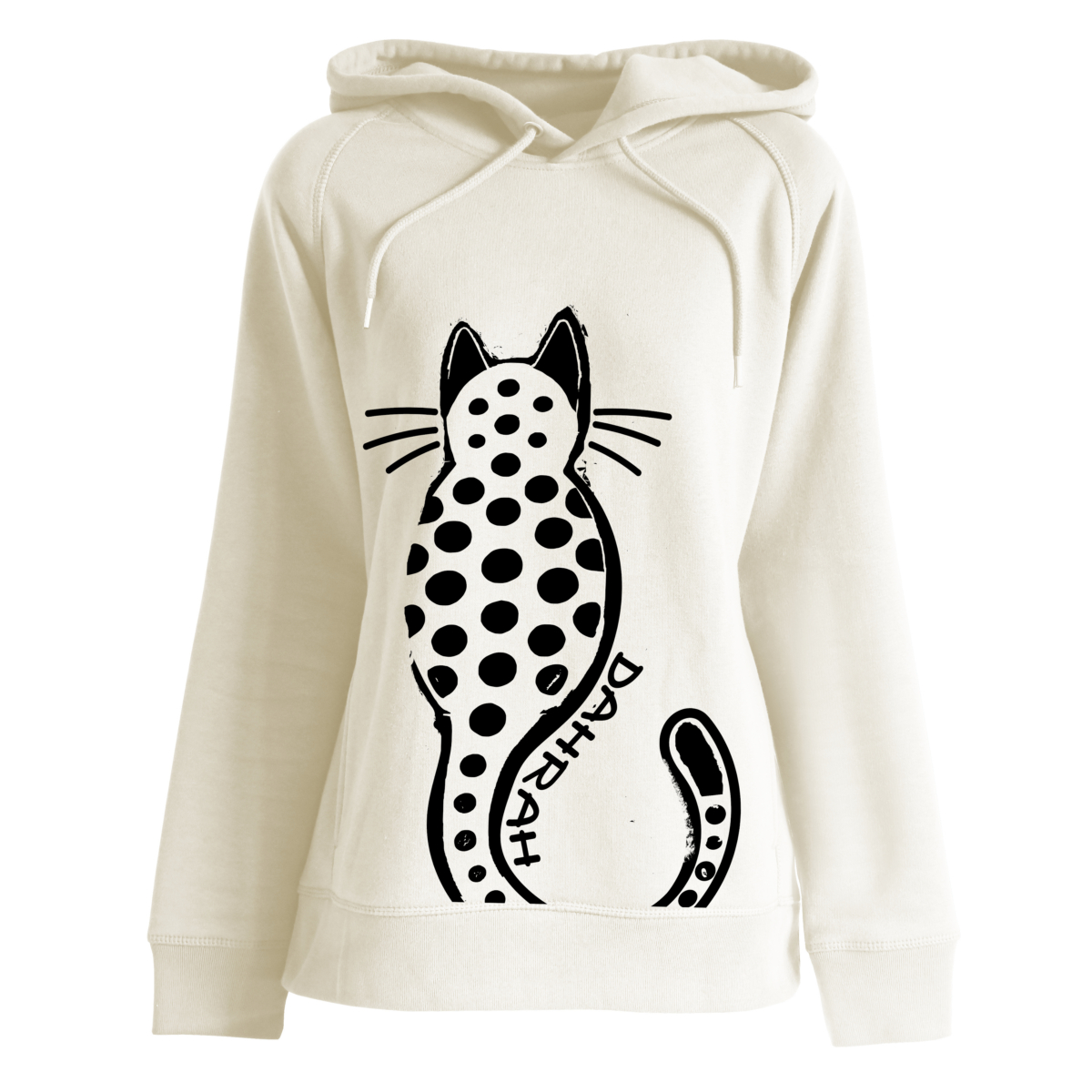 Beautiful high quality organic hoodie with print of a dotty cat.