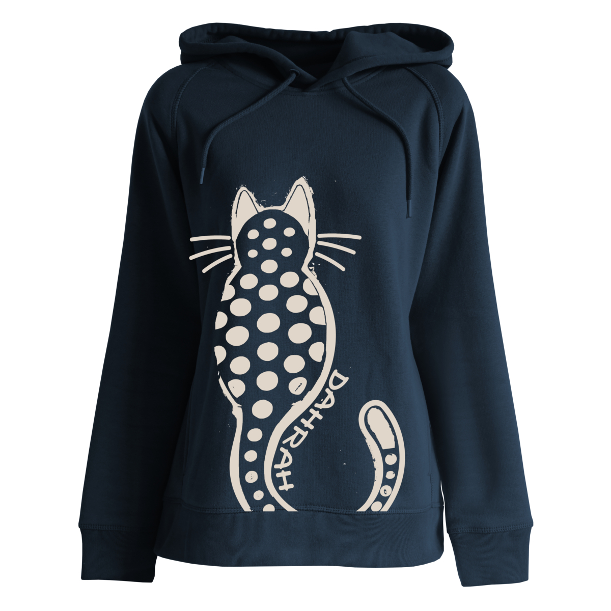 Beautiful high quality organic hoodie with print of a dotty cat.