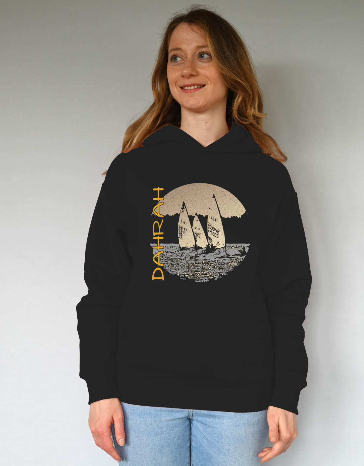 Beautiful high quality organic hoodie with print of three Laser sailboats.