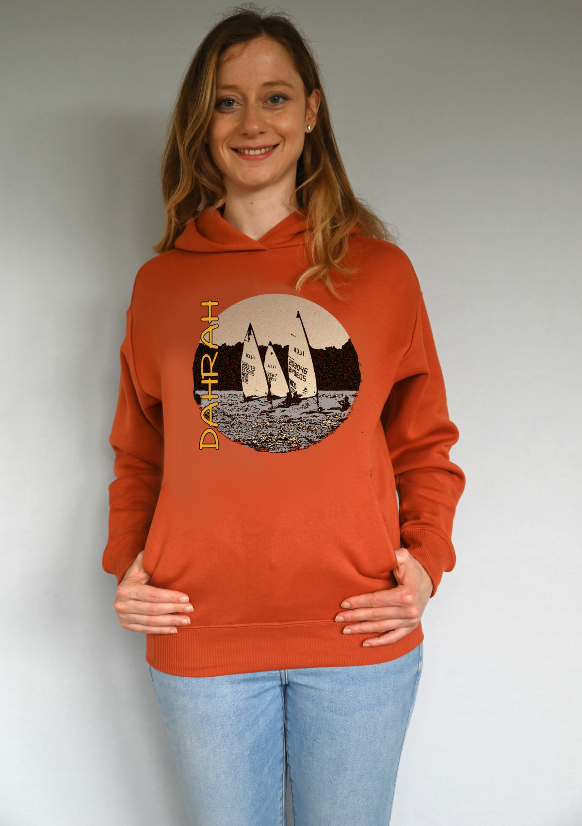 Beautiful high quality organic hoodie with print of three Laser sailboats.