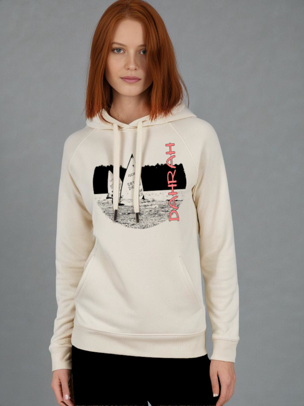 Beautiful high quality organic hoodie with print of a Laser sailboat regatta.