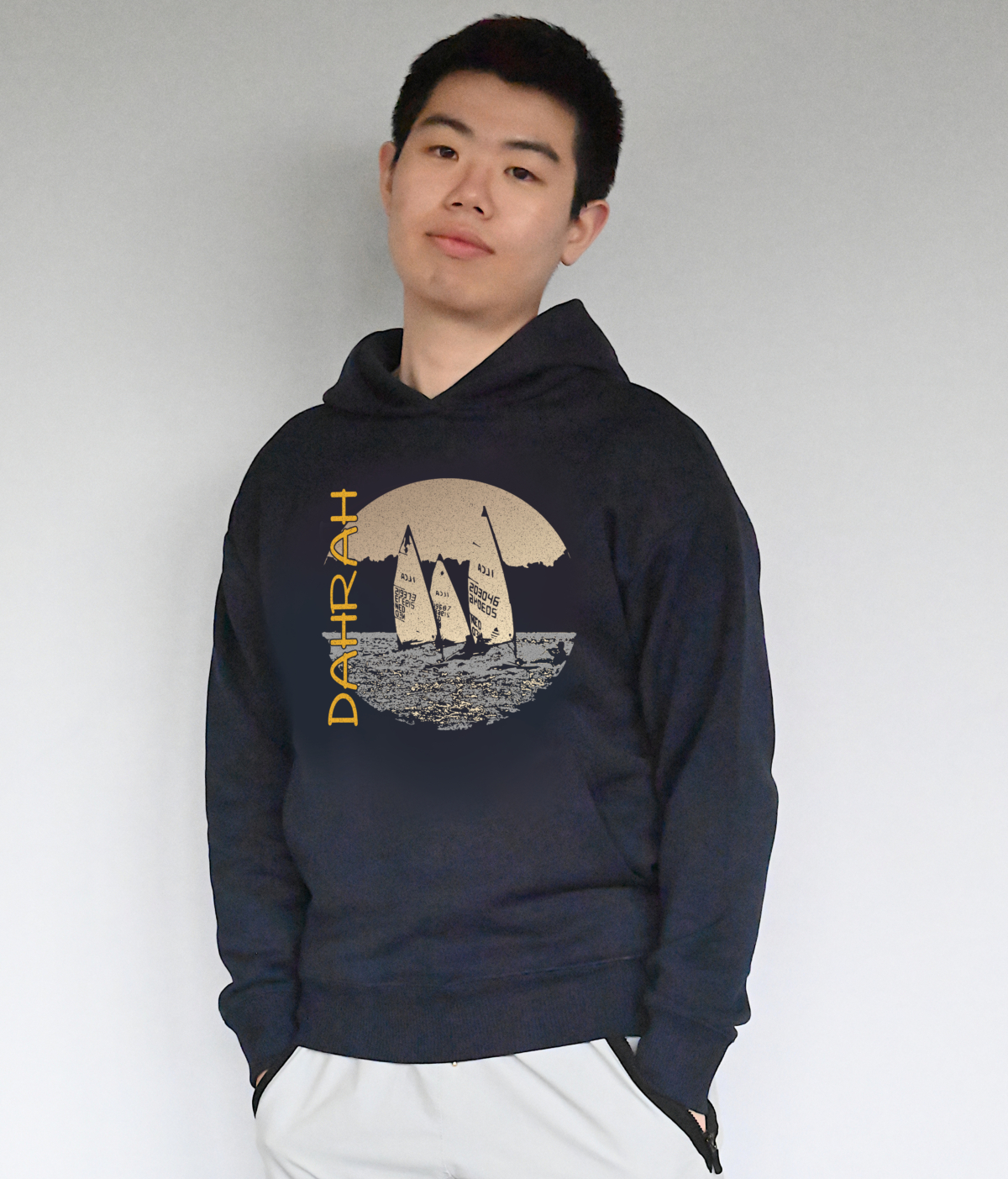 Beautiful high quality organic hoodie with print of three Laser sailboats.