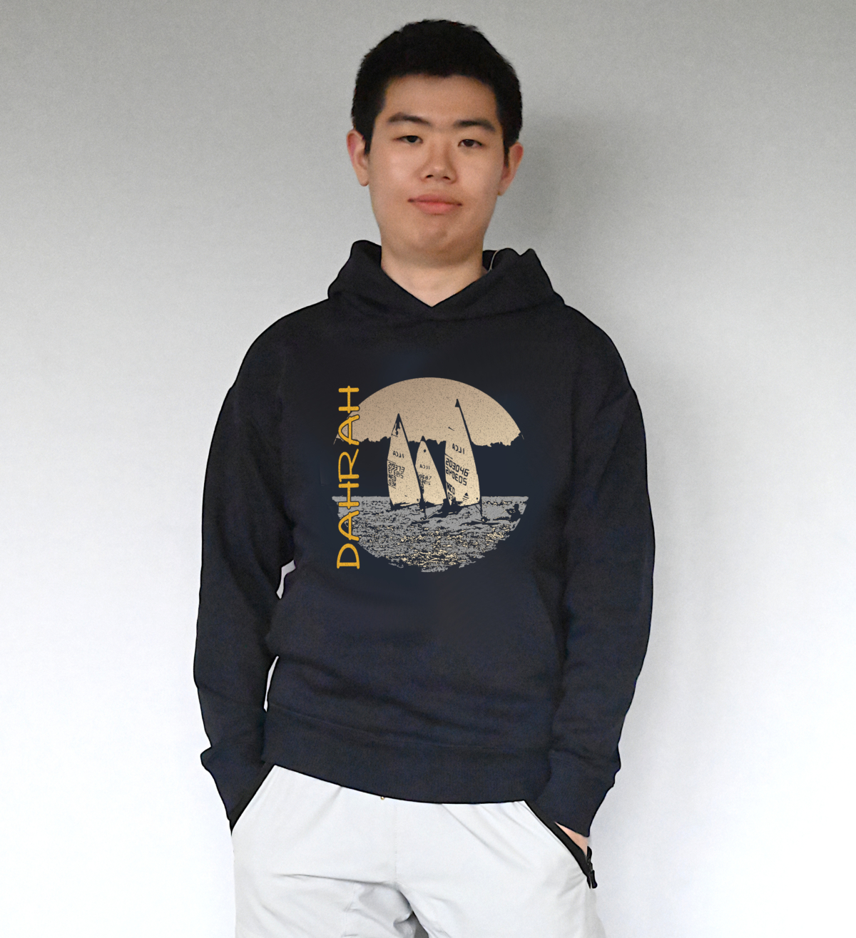 Beautiful high quality organic hoodie with print of three Laser sailboats.