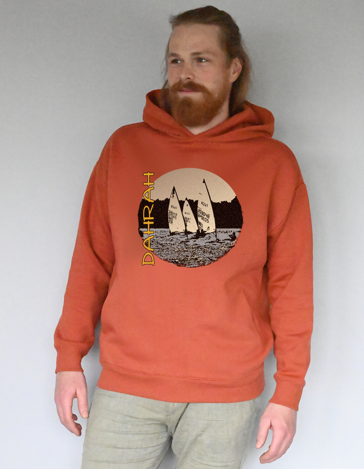 Beautiful high quality organic hoodie with print of three Laser sailboats.