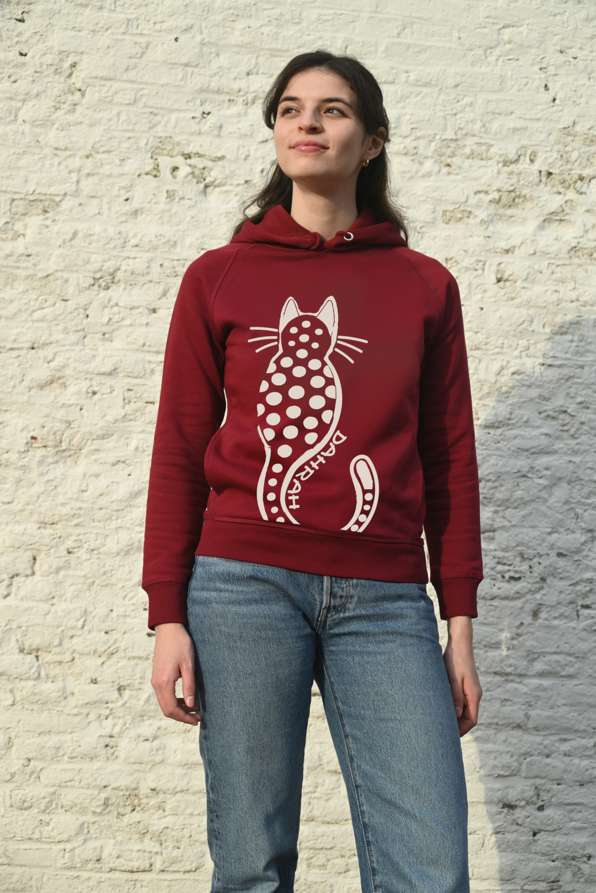 Beautiful high quality organic hoodie with print of a dotty cat.