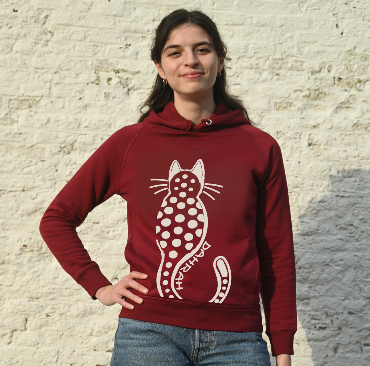 Beautiful high quality organic hoodie with print of a dotty cat.