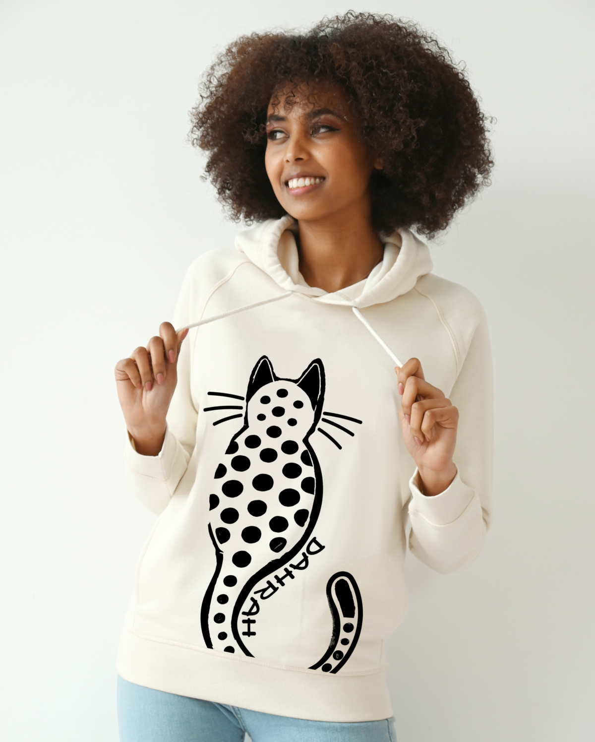 Beautiful high quality organic hoodie with print of a dotty cat.