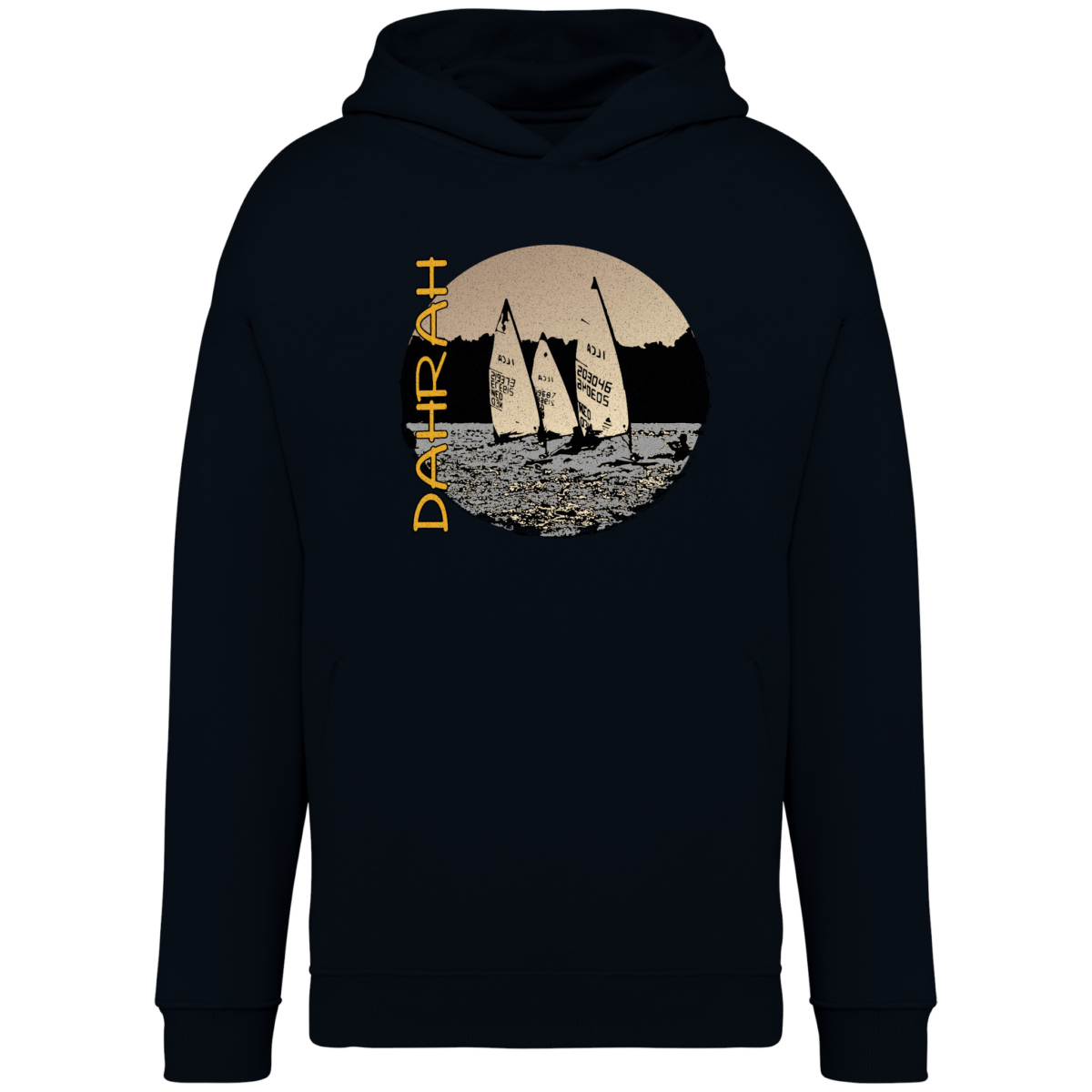 Beautiful high quality organic hoodie with print of three Laser sailboats.